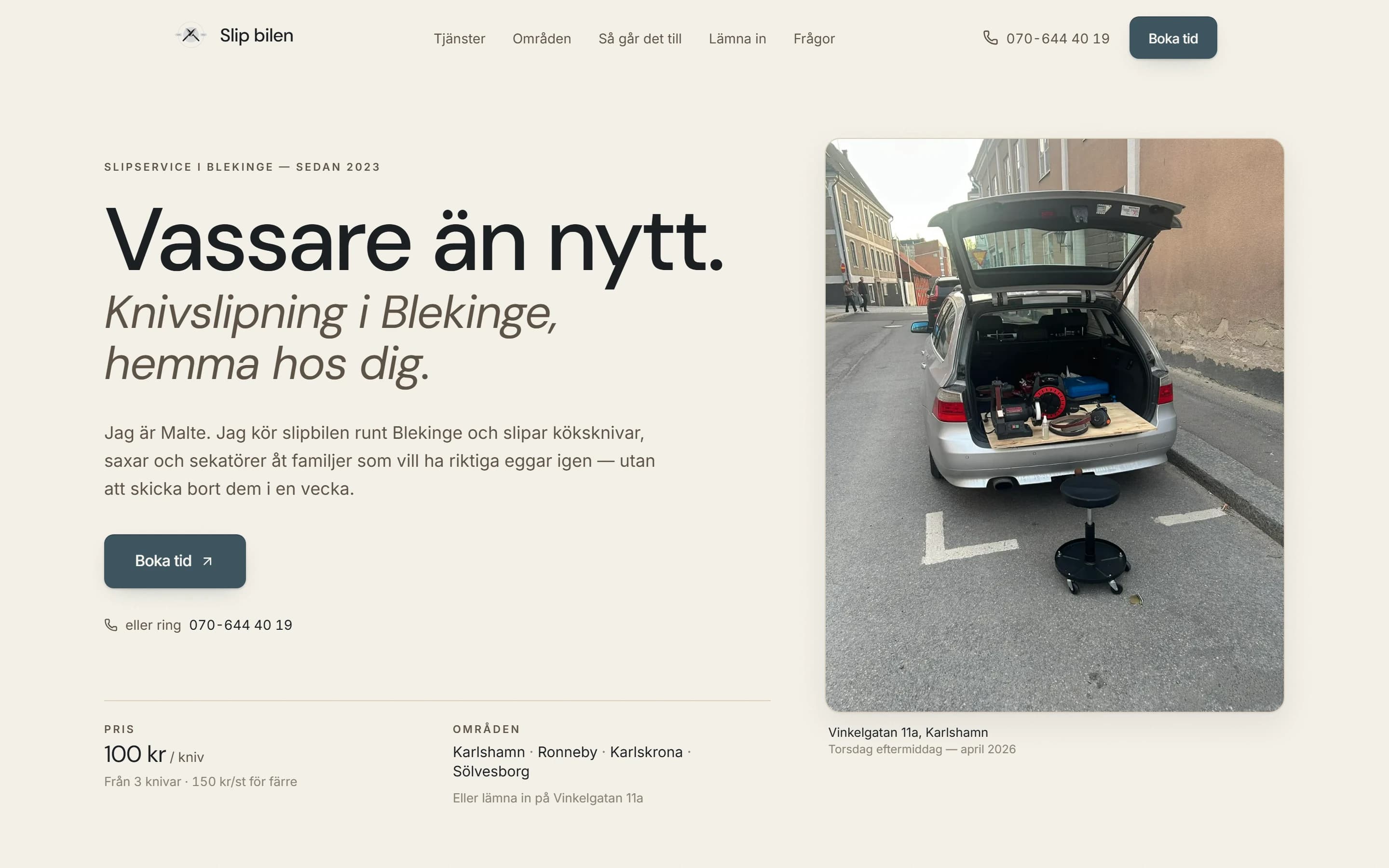 Slip bilens hemsida, byggd av Sitelet